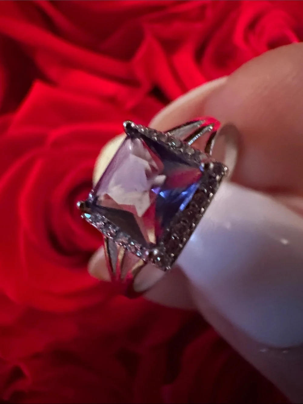 925 Silver Square-Cut Cubic Zirconia Ring in Light Purple